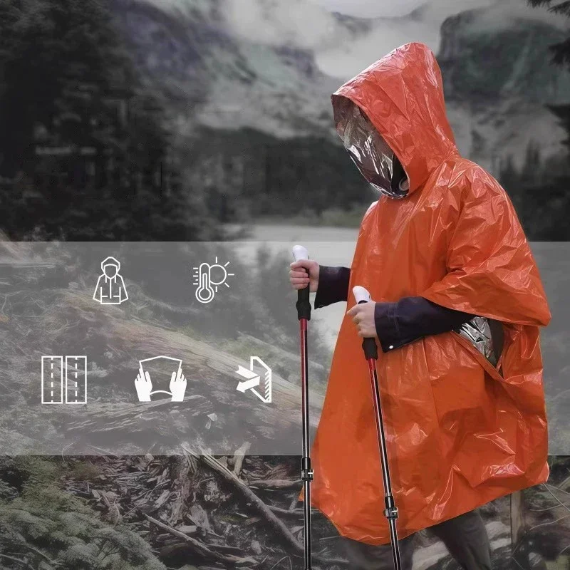 Camping Rain Poncho - Kapuzen-Notfall-Regenponcho Wasserdicht & Warm mit Aluminiumbeschichtetem